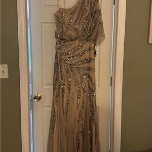 Adrianna Papell One Shoulder Sequin Dress in Beige and Silver